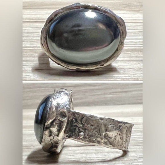 Vintage Designer Signed Peyote Bird Sterling Silver Hematite Ring, Size 6 - Picture 1 of 10